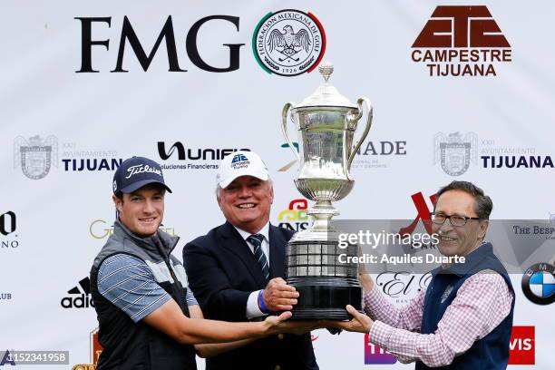 Drew Nesbitt of Canada holds the trophy after the final round of the PGA TOUR Latinoamerica 60º Abierto Mexicano de Golf at Club Campestre Tijuana on...