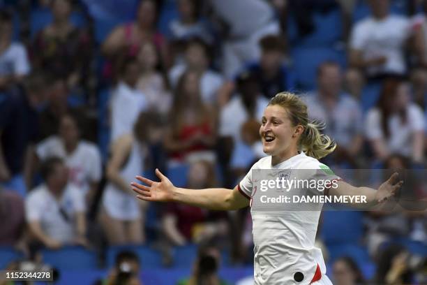 England's forward Ellen White celebrates after scoring a goal during the France 2019 Women's World Cup quarter-final football match between Norway...