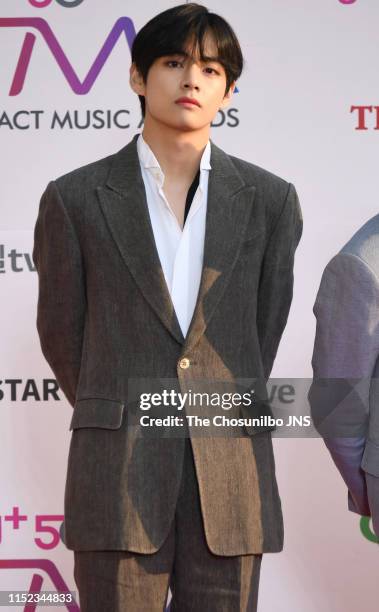 Kim Tae-Hyung member of BTS attends 'The Fact Music Awards’ held at Namdong Gymnasium in southeastern Incheon on April 24, 2019 in Incheon, South...