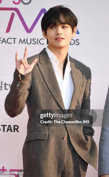 Kim Tae-Hyung member of BTS attends 'The Fact Music Awards’ held at Namdong Gymnasium in southeastern Incheon on April 24, 2019 in Incheon, South...