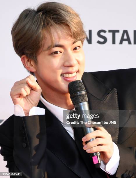 Kim Seok-jin member of BTS attends 'The Fact Music Awards’ held at Namdong Gymnasium in southeastern Incheon on April 24, 2019 in Incheon, South...