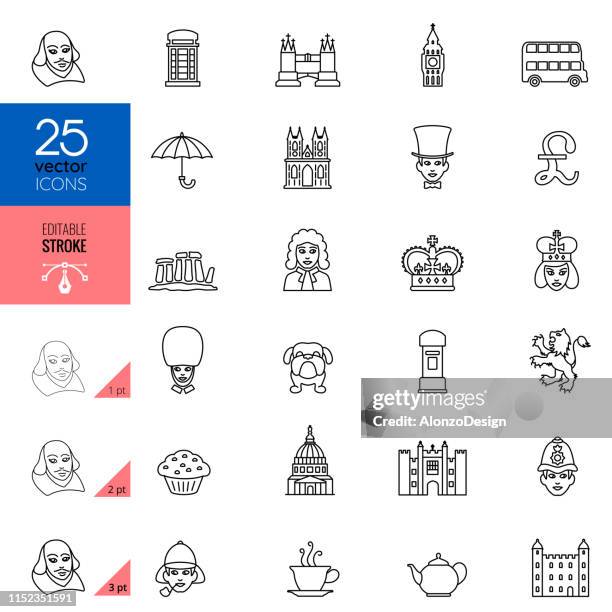 stockillustraties, clipart, cartoons en iconen met british england cultuur lijn iconen. bewerkbare lijn. - monuments in london