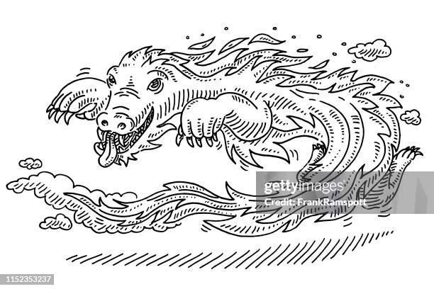 fairy tale creature fire dragon drawing - fire transparent background stock illustrations