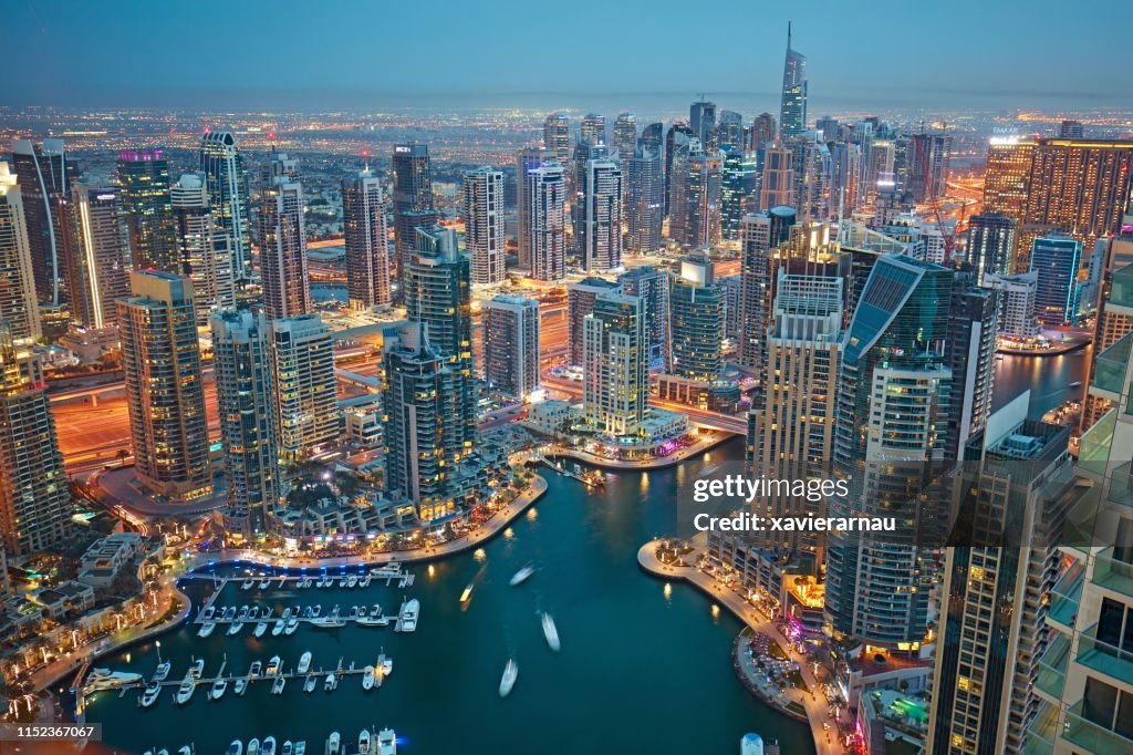 Aerial view of Dubai marina at dusk