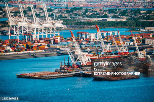 aerial view of loading piers with hoist cranes of jersey docks - newark stock pictures, royalty-free photos & images