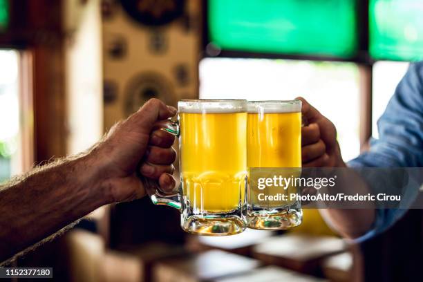 hands toasting beer mugs - beer cheers stock pictures, royalty-free photos & images