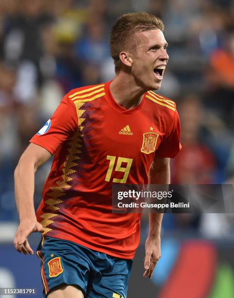 Dani Olmo of Spain celebrates after scoring goal 3-1 during the 2019 UEFA U-21 Semi-Final match between Spain and France at Mapei Stadium - Citta'...
