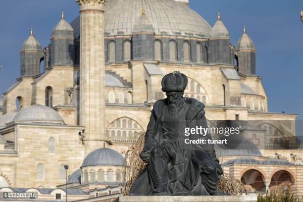 statue of mimar sinan infront of selimiye mosque, edirne, turkey - selimiye mosque stock pictures, royalty-free photos & images