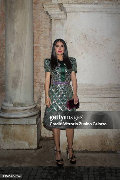 Salma Hayek arrives at the Gucci Cruise 2020 at Musei Capitolini on May 28, 2019 in Rome, Italy.