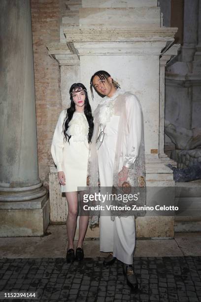 Mariacarla Boscono and Ghali Amdouni, known as Ghali, arrive at the Gucci Cruise 2020 at Musei Capitolini on May 28, 2019 in Rome, Italy.
