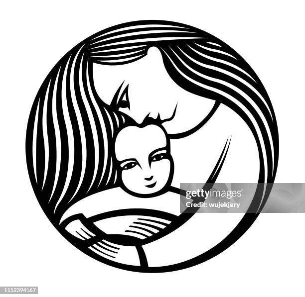 mother with long hair holding a child - baby logo stock illustrations