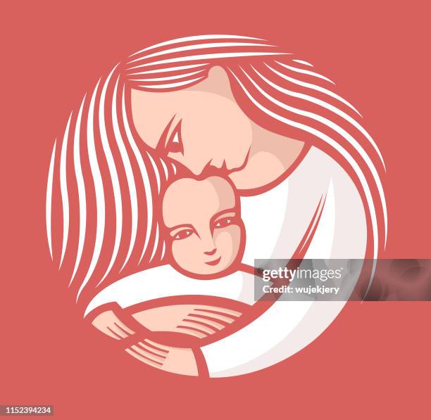 mother with long hair holding a child - baby logo stock illustrations