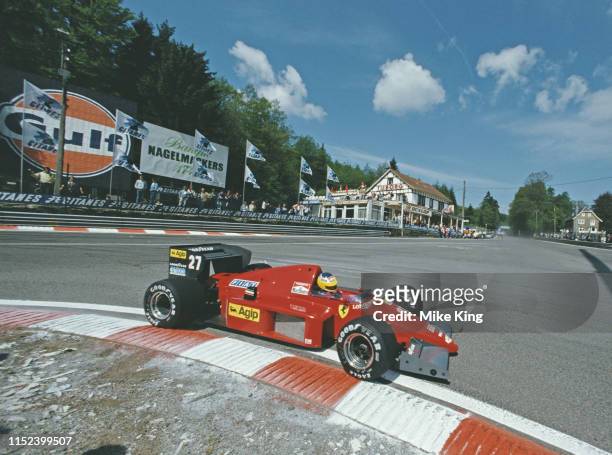 Michele Alboreto of Italy drives the Scuderia Ferrari Ferrari F1/86 Ferrari V6 during the Belgian Grand Prix on 25 May 1986 at the Spa-Francorchamps...