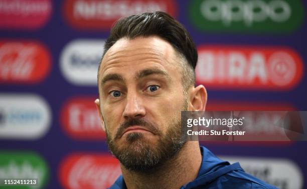 South Africa captain Faf du Plessis faces the media ahead of their opening ICC CRricket World Cup match against England at The Oval on May 29, 2019...
