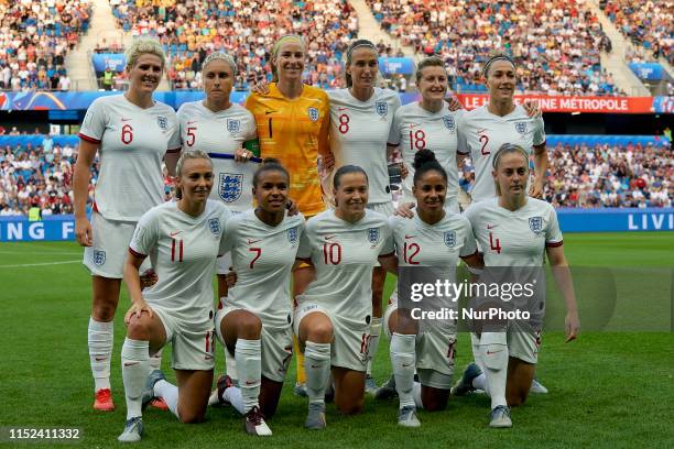 Line-up of England Millie Bright , Steph Houghton , Karen Bardsley , Jill Scott , Ellen White , Lucy Bronze , Toni Duggan , Nikita Parris , Fran...
