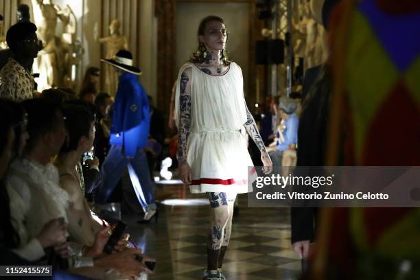 Model walks the runway at the Gucci Cruise 2020 on at Musei Capitolini on May 28, 2019 in Rome, Italy.