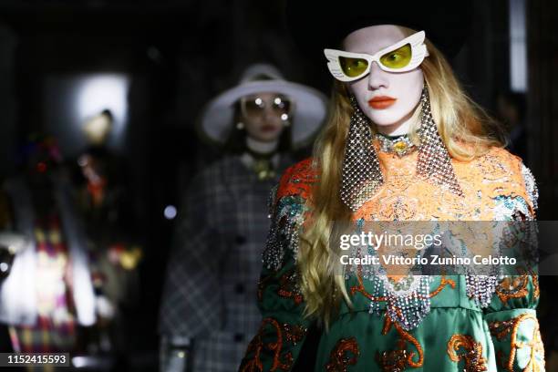 Model walks the runway at the Gucci Cruise 2020 on at Musei Capitolini on May 28, 2019 in Rome, Italy.