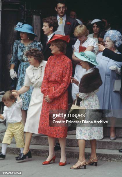 Lady Diana Spencer at the wedding of Nicholas Soames and Catherine Weatherall at St Margaret's Church in London, 4th June 1981. With her are Princess...