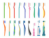 Set of several toothbrush flat illustrations.
