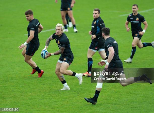 Jack Nowell passes the ball during the Exeter Chiefs training session held at Sandy Park on May 29, 2019 in Exeter, England.