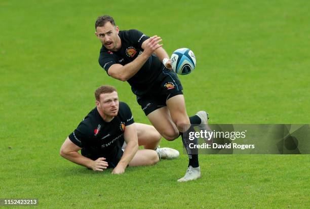 Nic White passes the ball during the Exeter Chiefs training session held at Sandy Park on May 29, 2019 in Exeter, England.