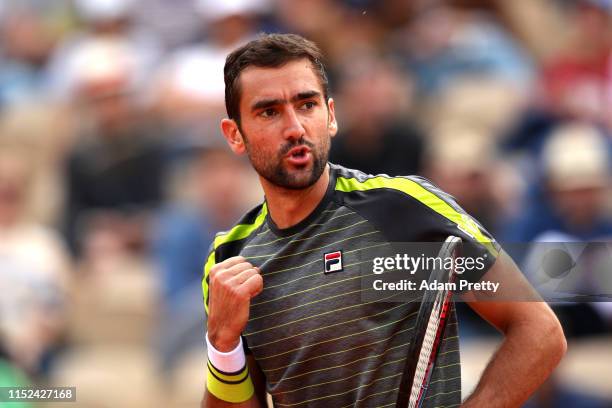 Marin Cilic of Croatia celebrates during his mens singles second round match against Grigor Dimitrov of Bulgaria during Day four of the 2019 French...