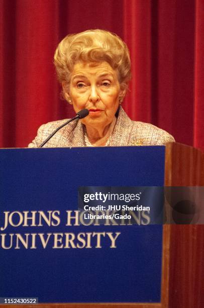 Close-up of lawyer and activist Phyllis Schlafly , standing behind a podium while speaking during a Milton S Eisenhower Symposium, Homewood Campus of...