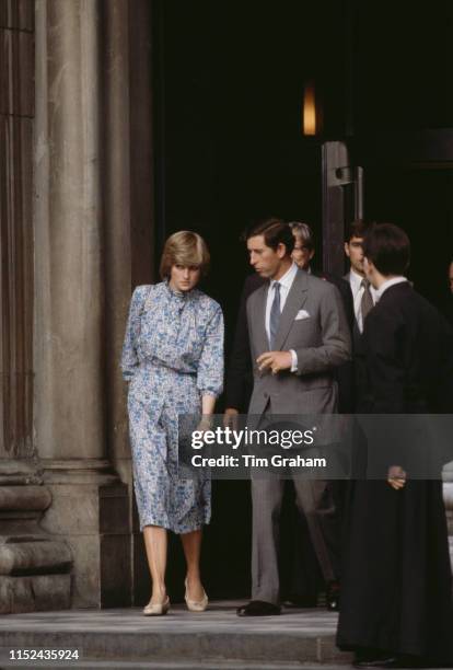 Lady Diana Spencer and her fiancé, Prince Charles, leaving St Paul's Cathedral after the final rehearsal before their wedding, London, 27th July 1981.