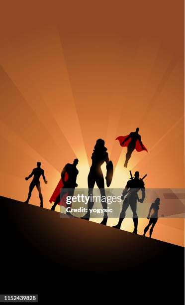 vector woman-led superheld-team silhouette mit sonne im hintergrund - ninja warrior stock-grafiken, -clipart, -cartoons und -symbole