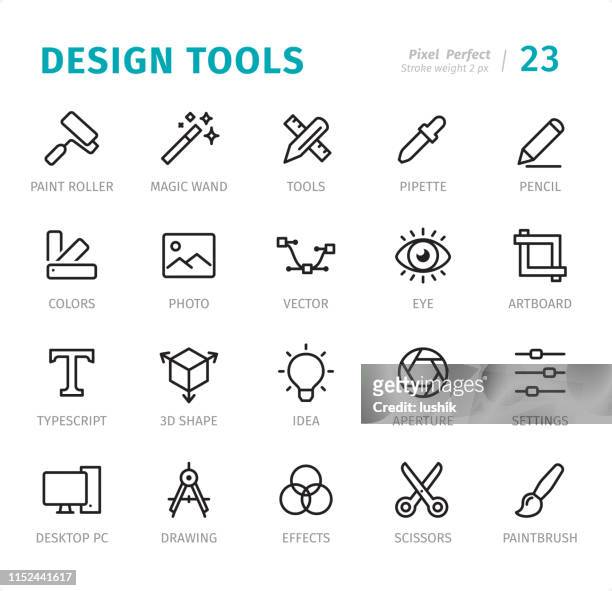design studio - pixel perfect line icons with captions - design studio stock illustrations
