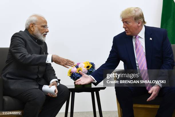 India's Prime Minister Narendra Modi attends a meeting with US President Donald Trump during the G20 Osaka Summit in Osaka on June 28, 2019.