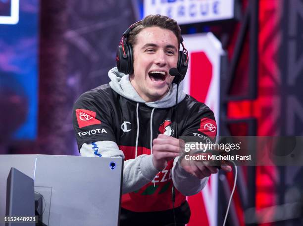 OneWildWalnut of Blazer5 Gaming reacts during the game against Grizz Gaming during Week 10 of the NBA 2K League regular season on June 27, 2019 at...