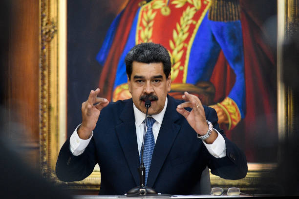 Nicolas Maduro President of Venezuela gestures as he speaks during the Simon Bolivar Journalism National Award ceremony at Palacio de Miraflores on...