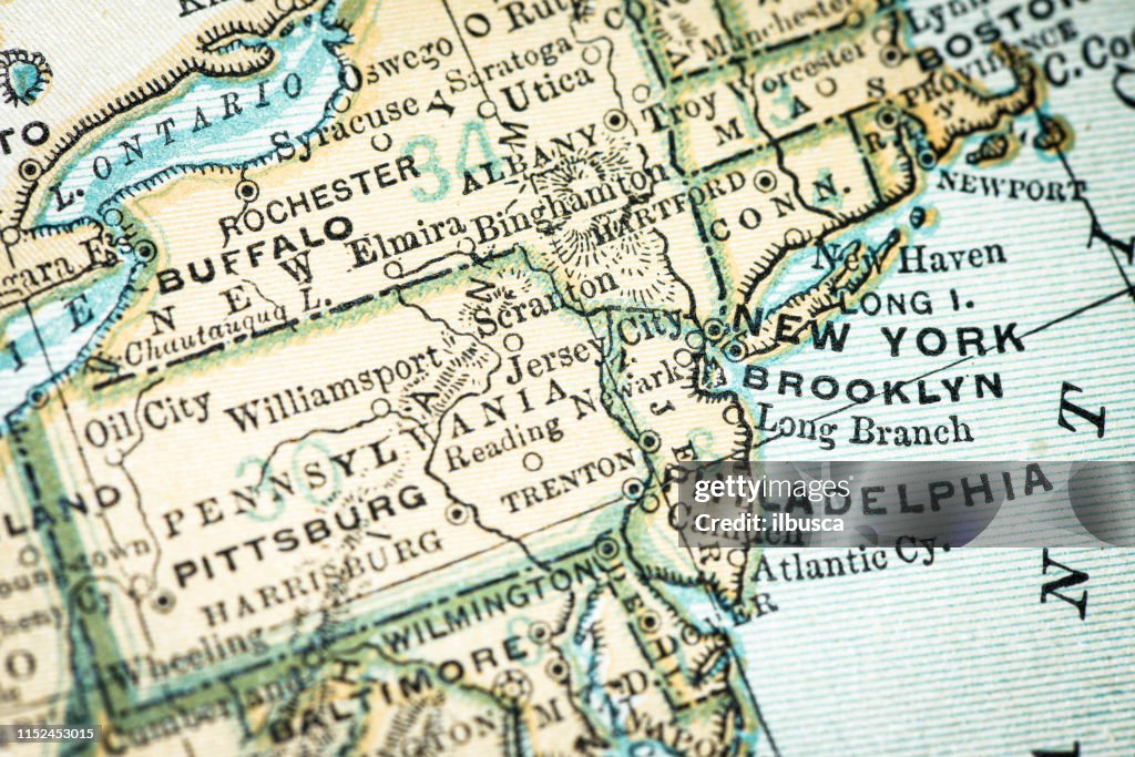 Détail de la carte des États-Unis antique: New York, Brooklyn, Philadelphie