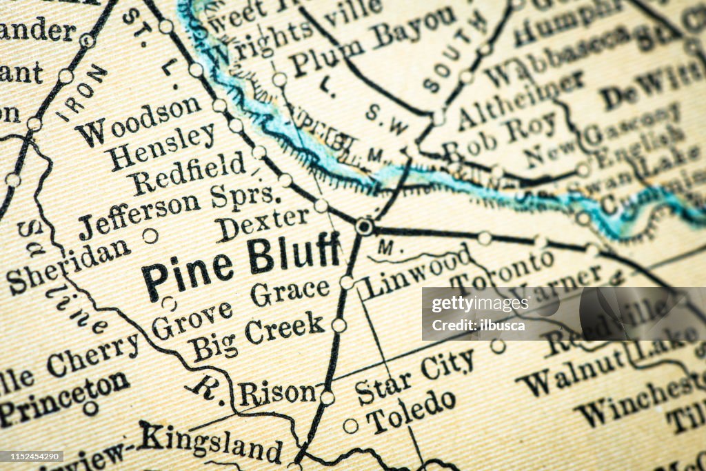 Antique USA map close-up detail: Pine Bluff, Arkansas