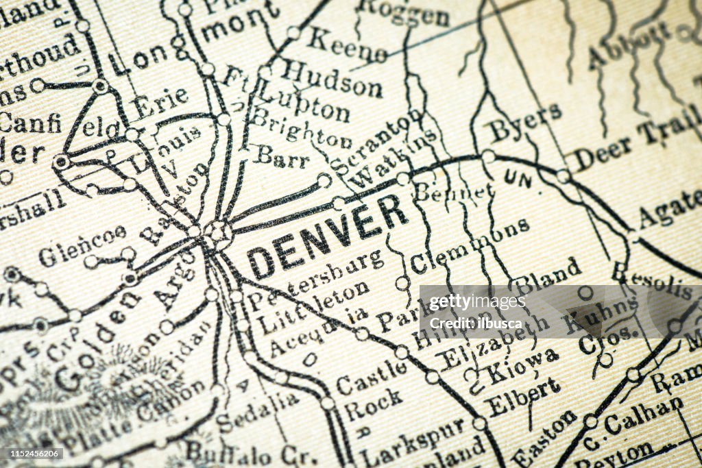 Antique USA map close-up detail: Denver, Colorado