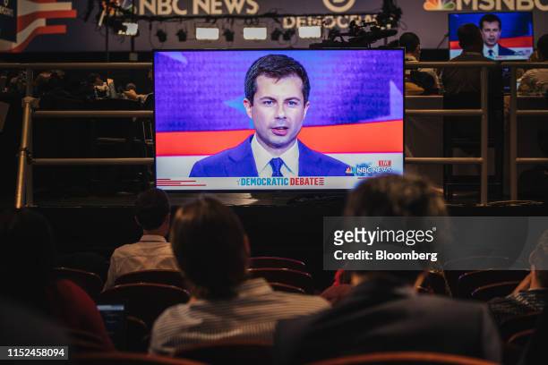 Pete Buttigieg, mayor of South Bend and 2020 presidential candidate, is shown on a screen during the Democratic presidential candidate debate in...