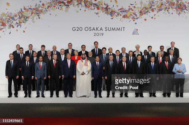 Japanese Prime Minister Shinzo Abe and other world leaders attend a family photo session at G20 summit on June 28, 2019 in Osaka, Japan. U.S....