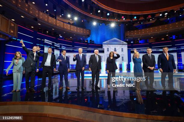 The First Democratic Debate -- Pictured: Marianne Williamson, John Hickenlooper, Andrew Yang, Pete Buttigieg, Joe Biden, Bernie Sanders, Kamala...