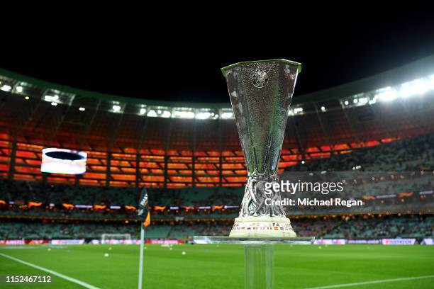 Detailed view of the Europa League Trophy is seen prior to the UEFA Europa League Final between Chelsea and Arsenal at Baku Olimpiya Stadionu on May...
