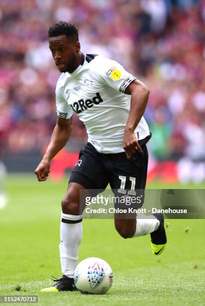 Florian Jozefzoon of Derby County in action during the Sky Bet Championship Play-off Final match between Aston Villa and Derby County at Wembley...