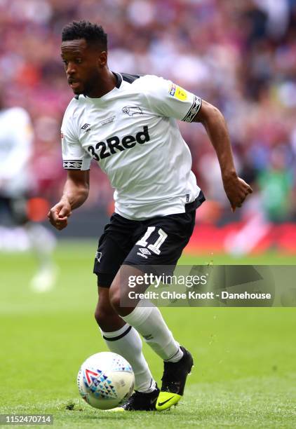 Florian Jozefzoon of Derby County in action during the Sky Bet Championship Play-off Final match between Aston Villa and Derby County at Wembley...