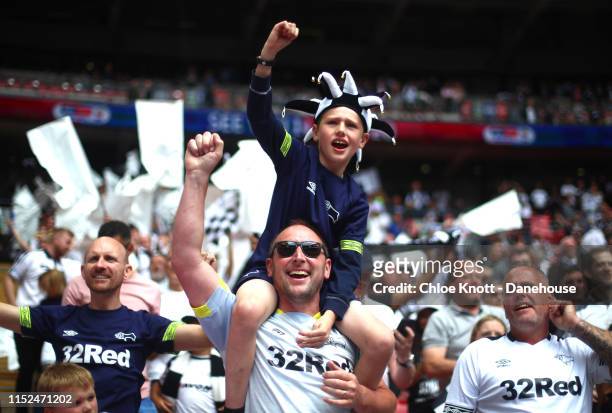 Derby County fans ahead of the Sky Bet Championship Play-off Final match between Aston Villa and Derby County at Wembley Stadium on May 27, 2019 in...