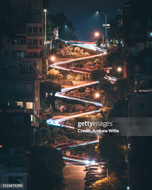 lombard street long exposure trail lights - lombard street san francisco stock pictures, royalty-free photos & images