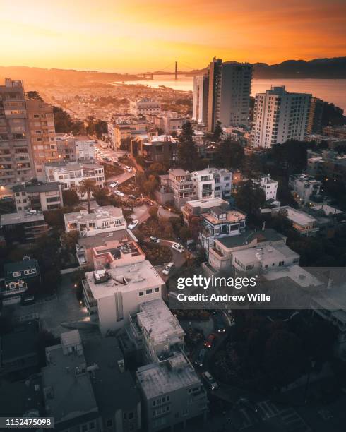 lombard street aerial sunset - lombard street san francisco stock pictures, royalty-free photos & images