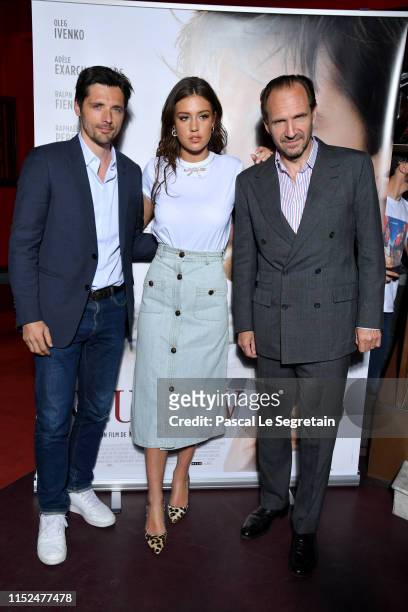 Raphael Personnaz, Adele Exarchopoulos and Ralph Fiennes attend the "Noureev - The White Crow" Premiere at Cinema Gaumont Opera on May 29, 2019 in...