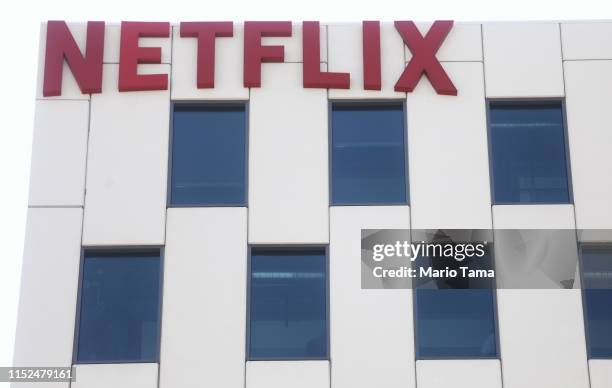 The Netflix logo is displayed at Netflix offices on Sunset Boulevard on May 29, 2019 in Los Angeles, California. Netflix chief content officer Ted...