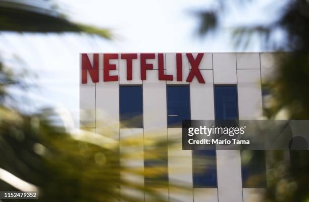 The Netflix logo is displayed at Netflix offices on Sunset Boulevard on May 29, 2019 in Los Angeles, California. Netflix chief content officer Ted...