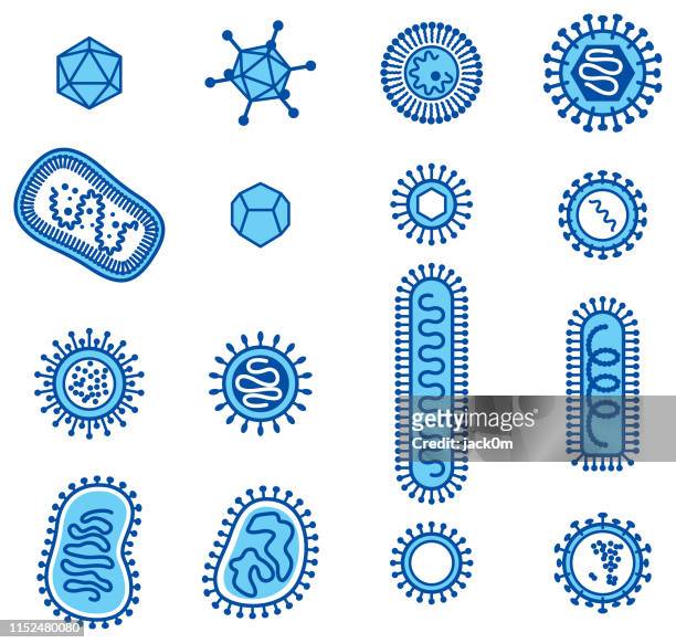 ilustraciones, imágenes clip art, dibujos animados e iconos de stock de virus conjunto de iconos, diferentes formas de adn y arn virus - hepatitis virus