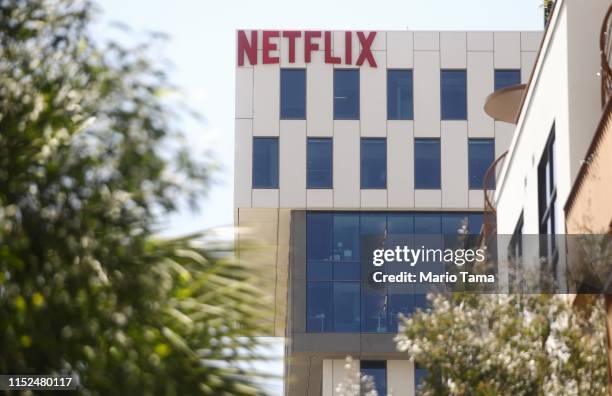 The Netflix logo is displayed at Netflix offices on Sunset Boulevard on May 29, 2019 in Los Angeles, California. Netflix chief content officer Ted...